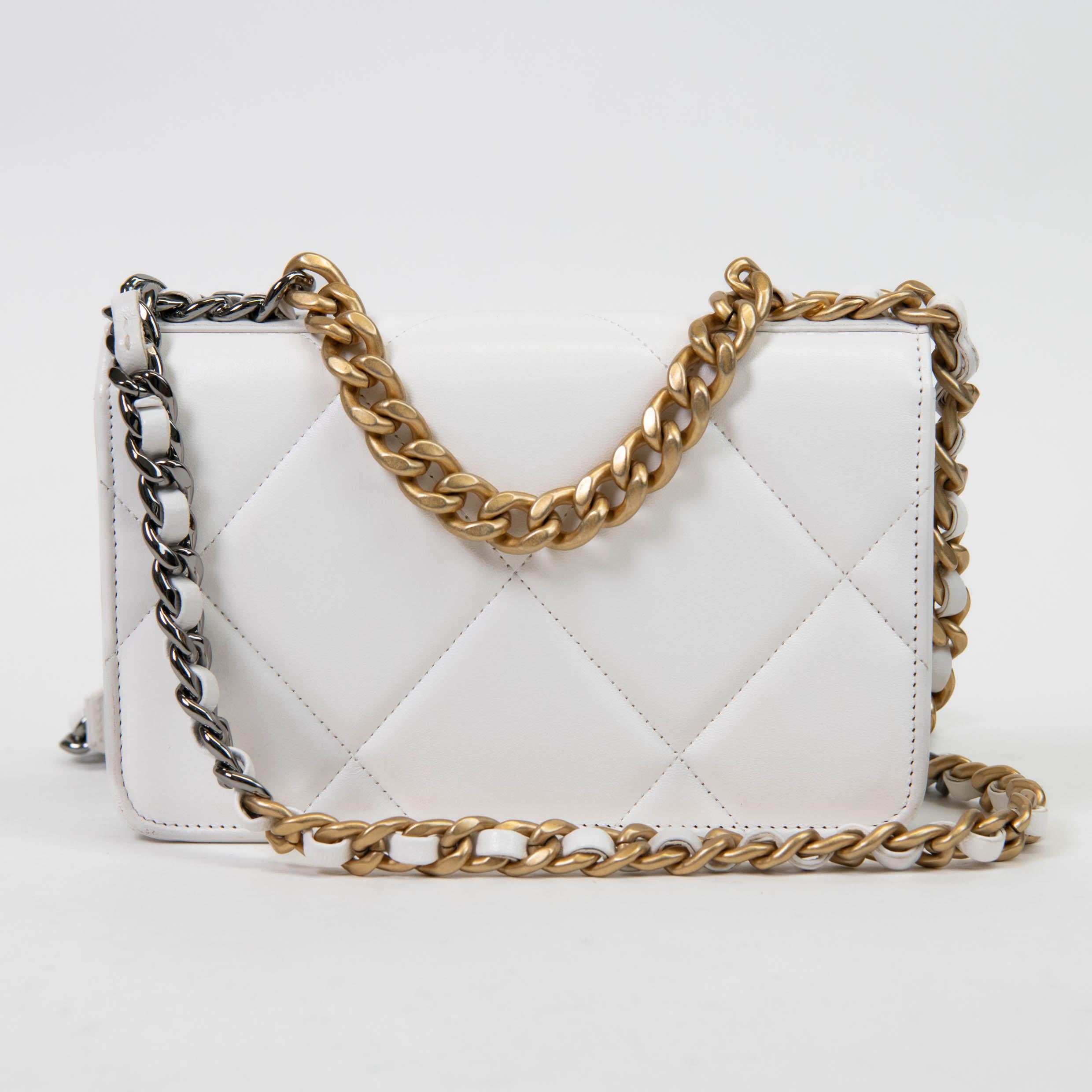 Gray Chanel White Lambskin Quilted Chanel 19 Wallet On Chain For Sale