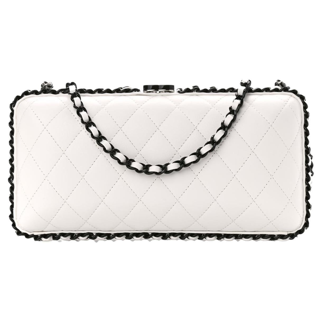 CHANEL White Lambskin Quilted Leather Black Wrap Around Shoulder Flap Clutch Bag