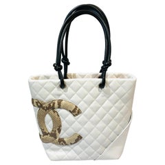 Chanel White Lambskin Quilted Tote Bag with Embossed Snakeskin “CC” Logo