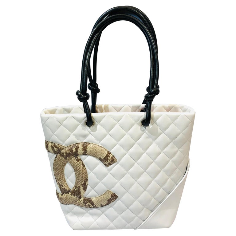 Chanel White Lambskin Quilted Tote Bag with Embossed Snakeskin “CC” Logo  For Sale at 1stDibs