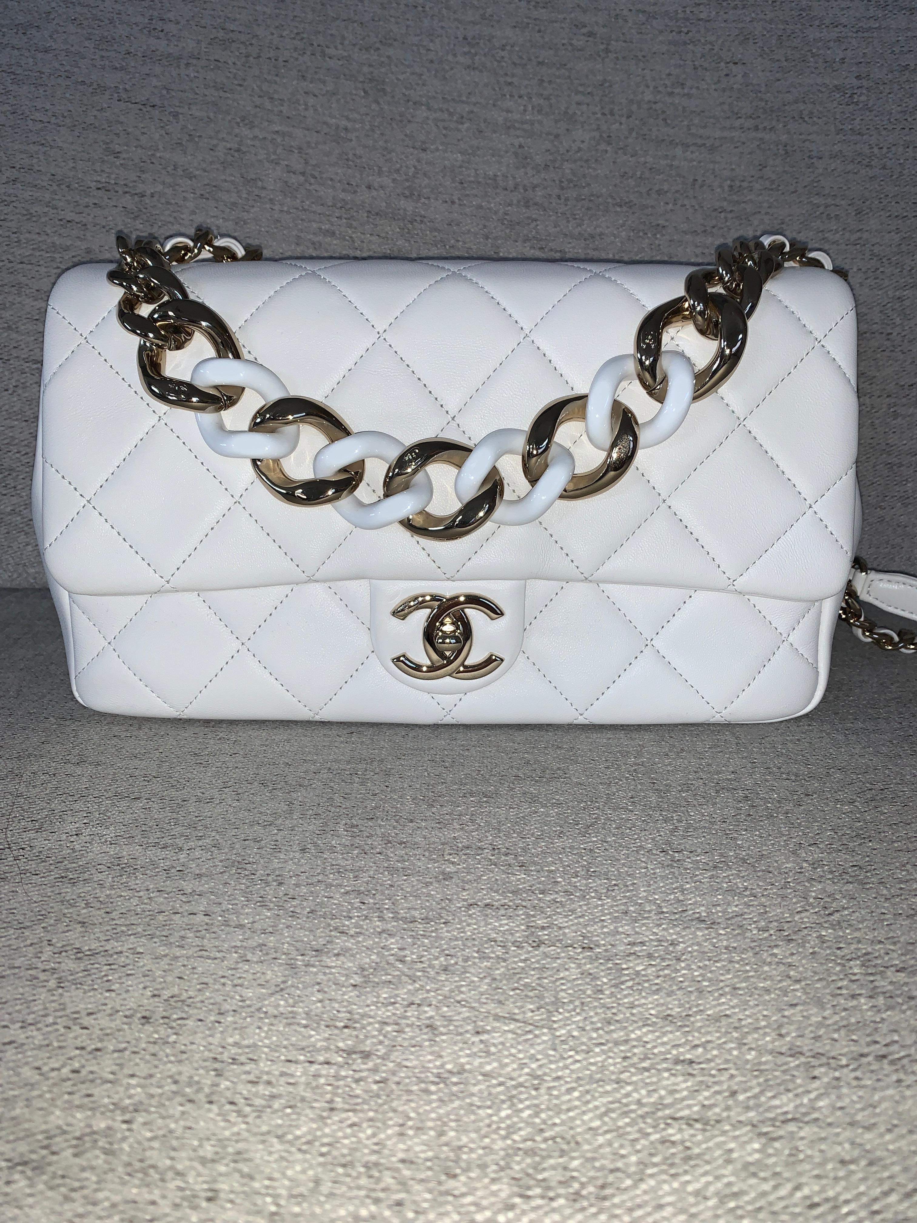 Chanel White Large Flap Bag Gold Chain Shoulder Strap 5