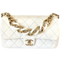 Chanel White Large Flap Bag Gold Chain Shoulder Strap 