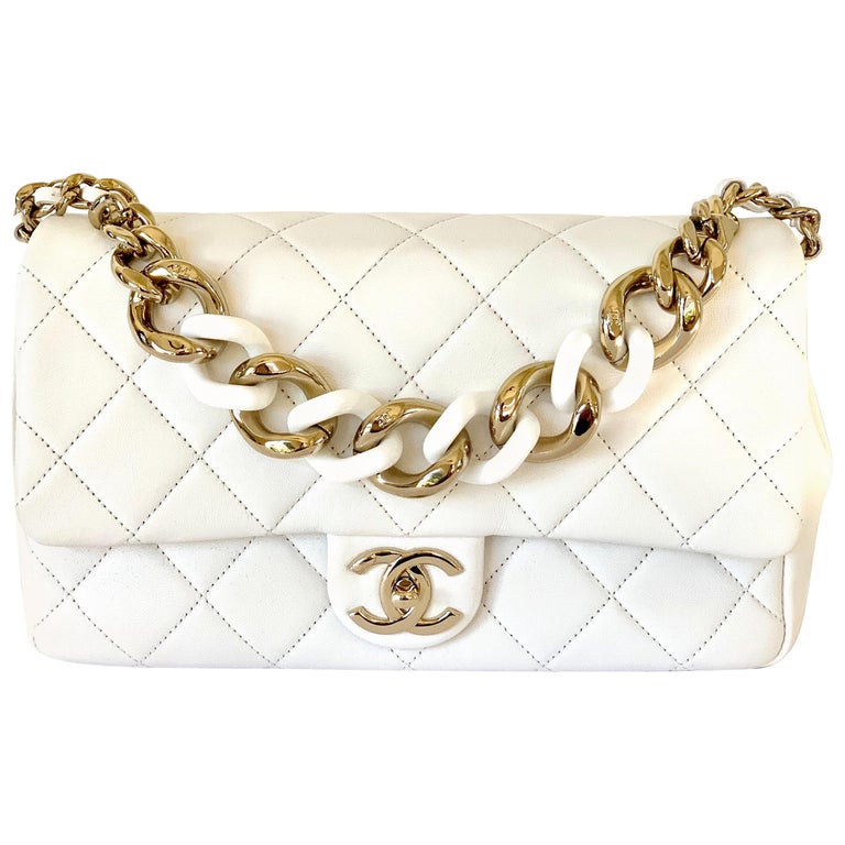 Chanel White Large Flap Bag Gold Chain Shoulder Strap at 1stDibs