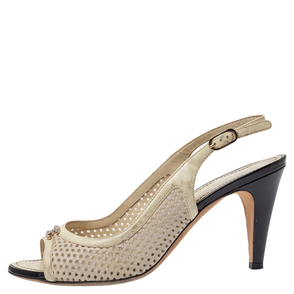 This pair from Chanel definitely deserves your love as it is well-built and exquisite in appeal. They've been crafted from leather and styled in a laser-cut design, with slingbacks, and 8 cm heels. They are complete with the signature CC perched on