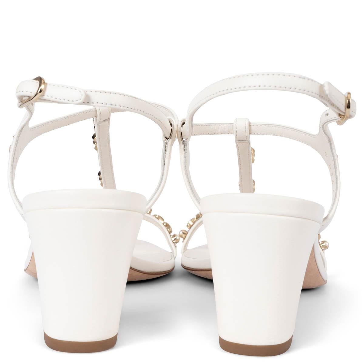 CHANEL white leather 2020 20S PEARL T-STRAP Sandals Shoes 38.5 1