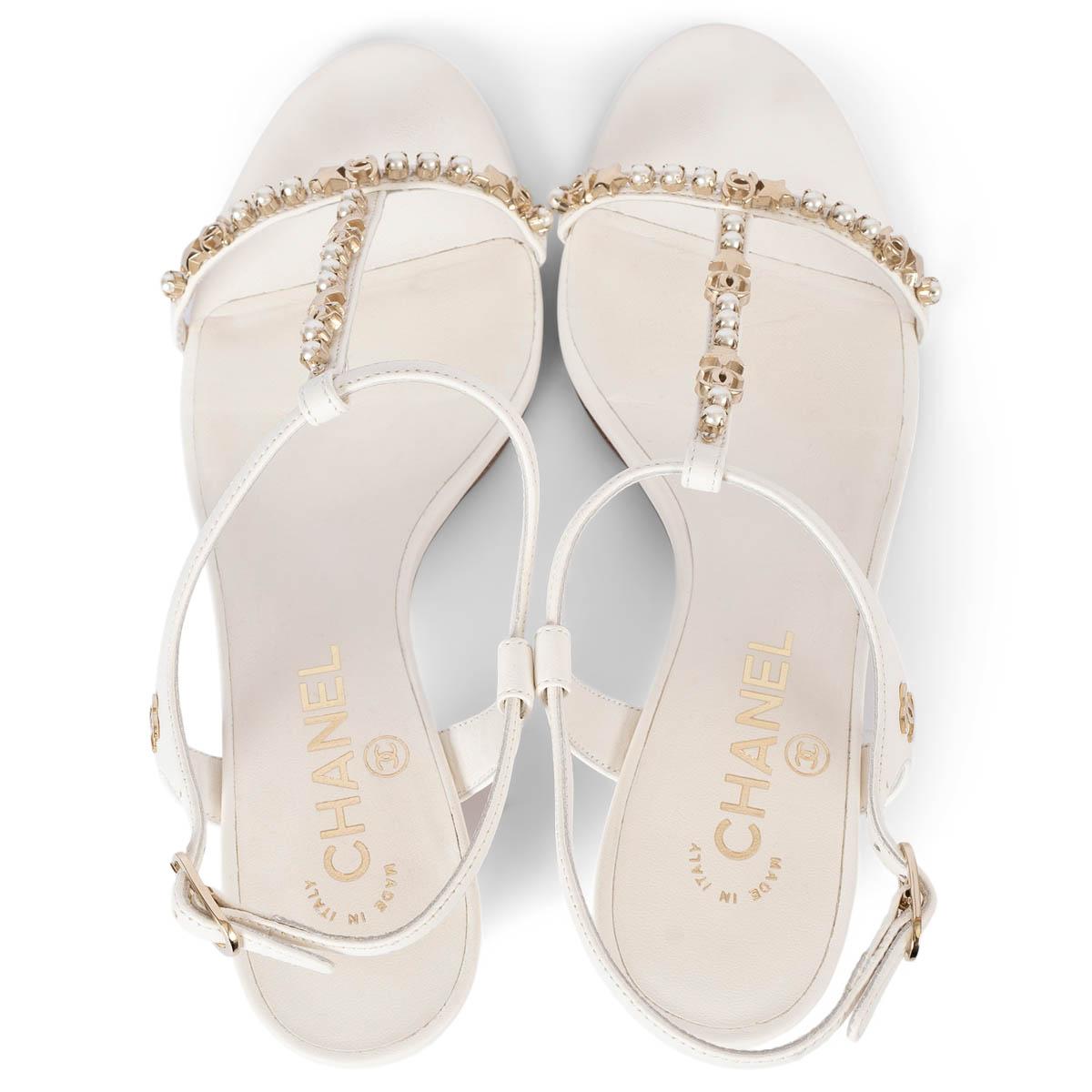 CHANEL white leather 2020 20S PEARL T-STRAP Sandals Shoes 38.5 2