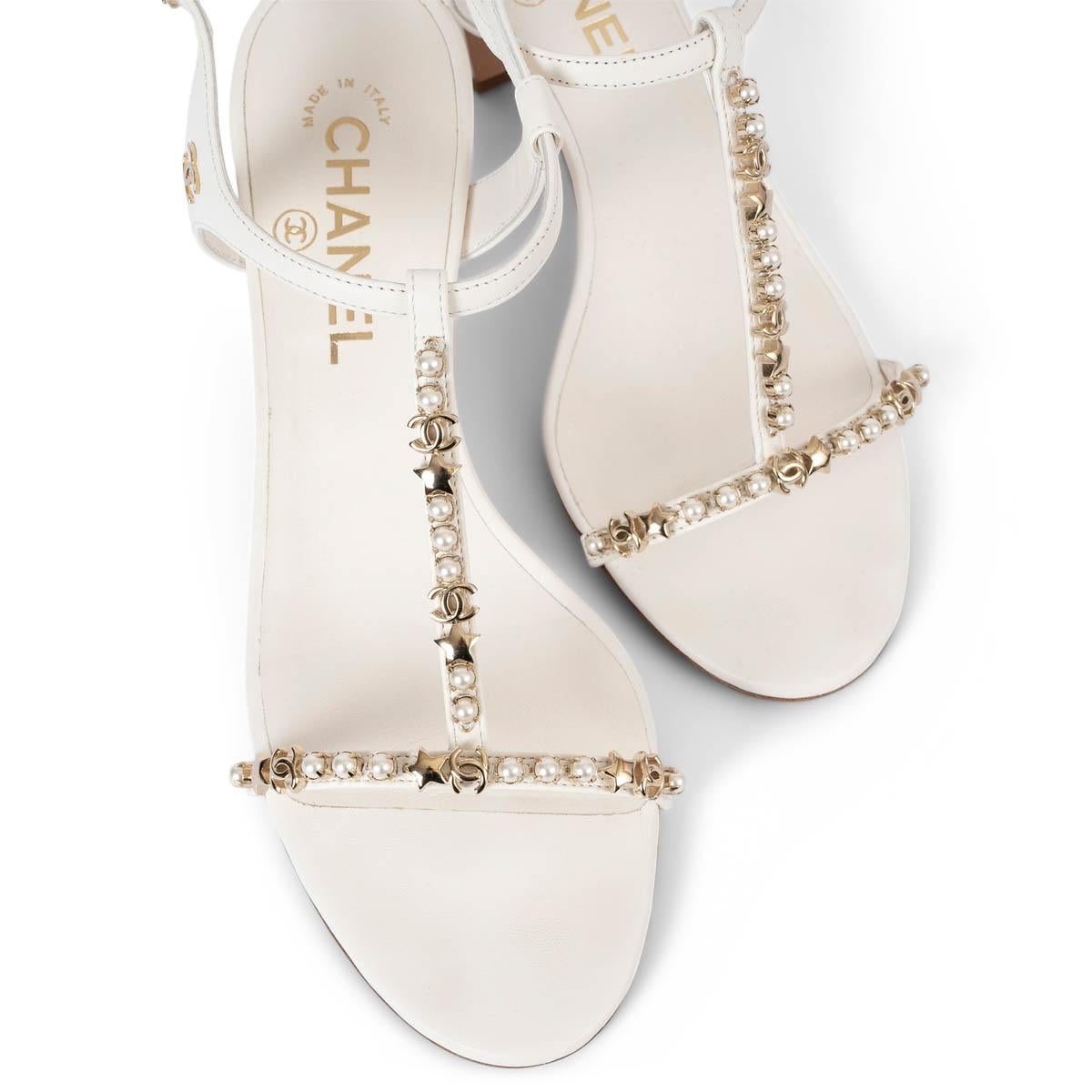 CHANEL white leather 2020 20S PEARL T-STRAP Sandals Shoes 38.5 3