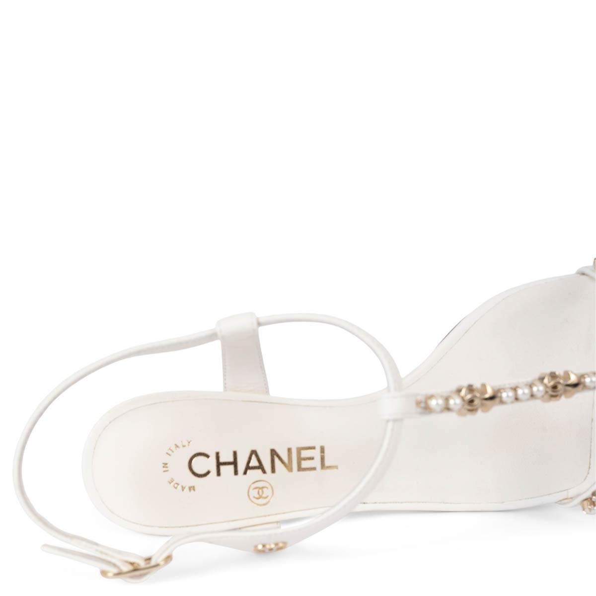 CHANEL white leather 2020 20S PEARL T-STRAP Sandals Shoes 38.5 4