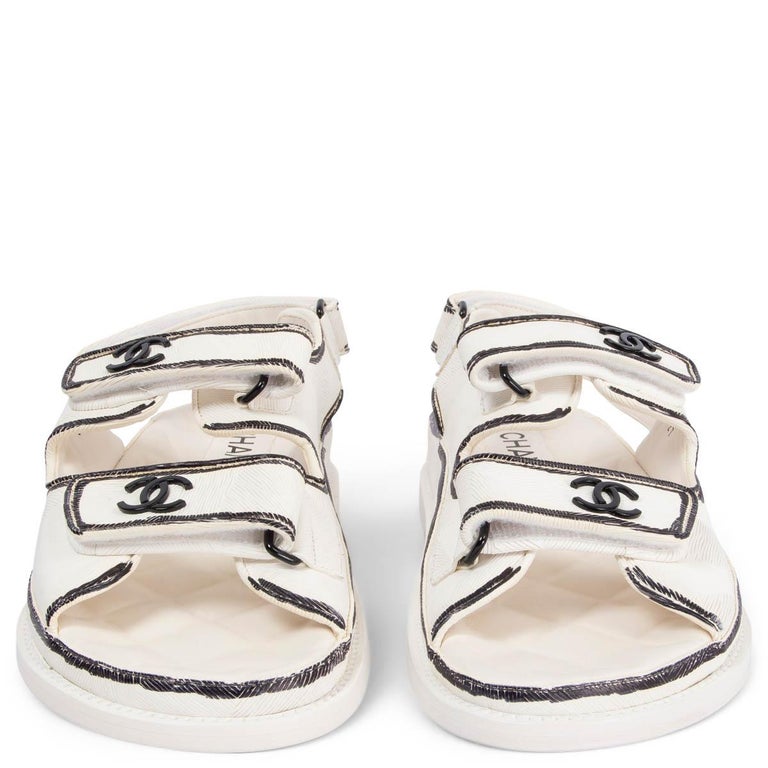 Chanel Calfskin Printed Velcro Dad Sandals 38 White Black