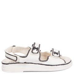 Used CHANEL white leather 2022 22C DUBAI PRINTED DAD Sandals Shoes 38.5