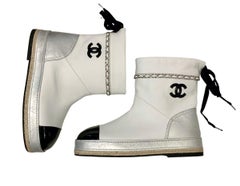 Chanel White Leather and Chain Ankle Boots