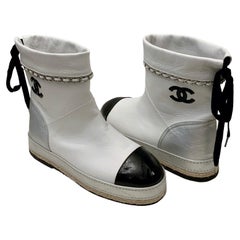 Chanel White Leather and Chain Ankle Boots 