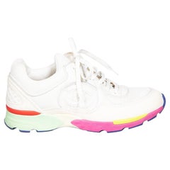 Chanel White Leather And Mesh CC Logo Lace Up Colourblock Trainers Size IT 37