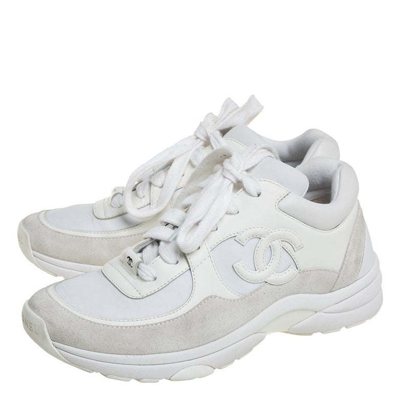 Chanel White Neoprene And Leather CC Low Top Sneakers Size 39.5 at 1stDibs
