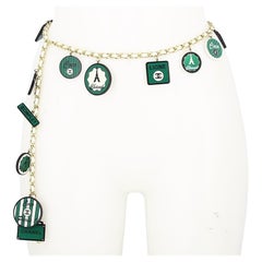 Chanel White Leather Belt With Golden and Green Paris Charms