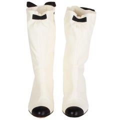 CHANEL white leather BLACK BOW Mid-Calf Boots Shoes 37.5