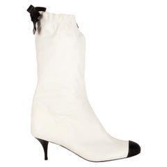 CHANEL white leather BLACK BOW Mid-Calf Boots Shoes 37.5