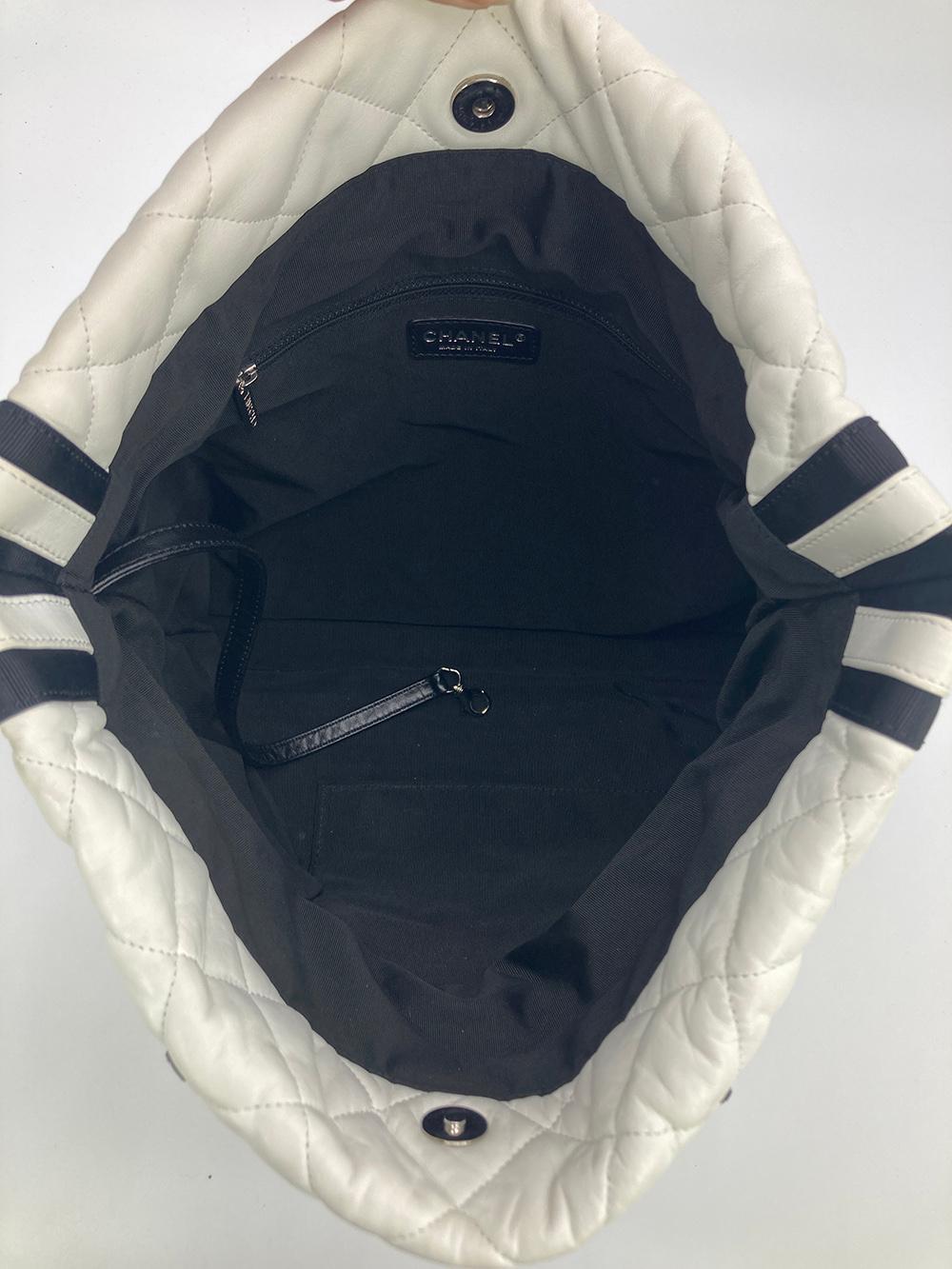 Chanel White Leather Black Grosgrain Quilted CC Shoulder Bag Tote 6