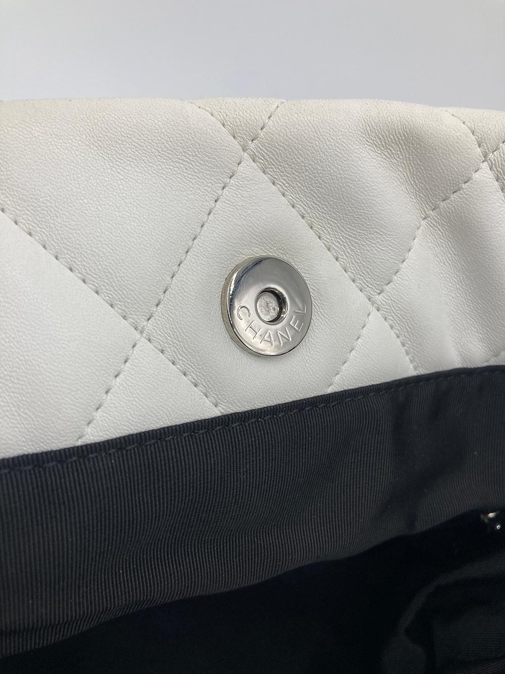 Chanel White Leather Black Grosgrain Quilted CC Shoulder Bag Tote 9