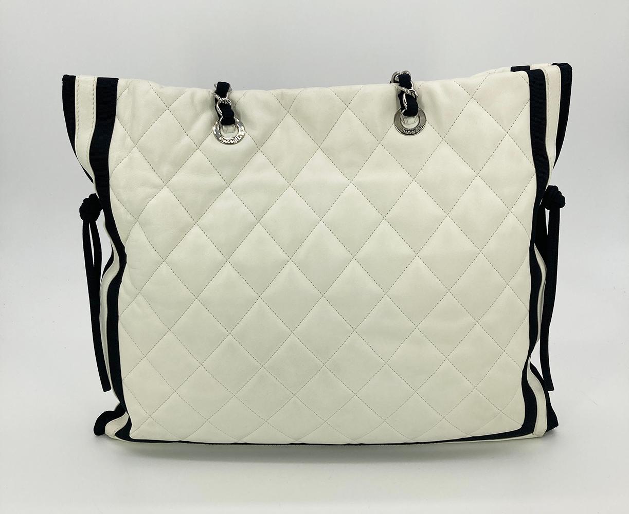 Chanel White Leather Black Grosgrain Quilted CC Shoulder Bag Tote 1
