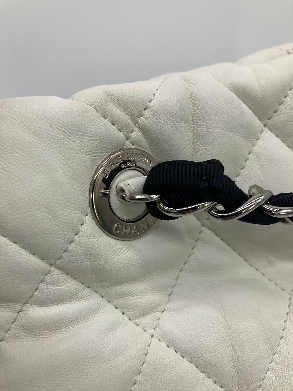 Chanel White Leather Black Grosgrain Quilted CC Shoulder Bag Tote 4