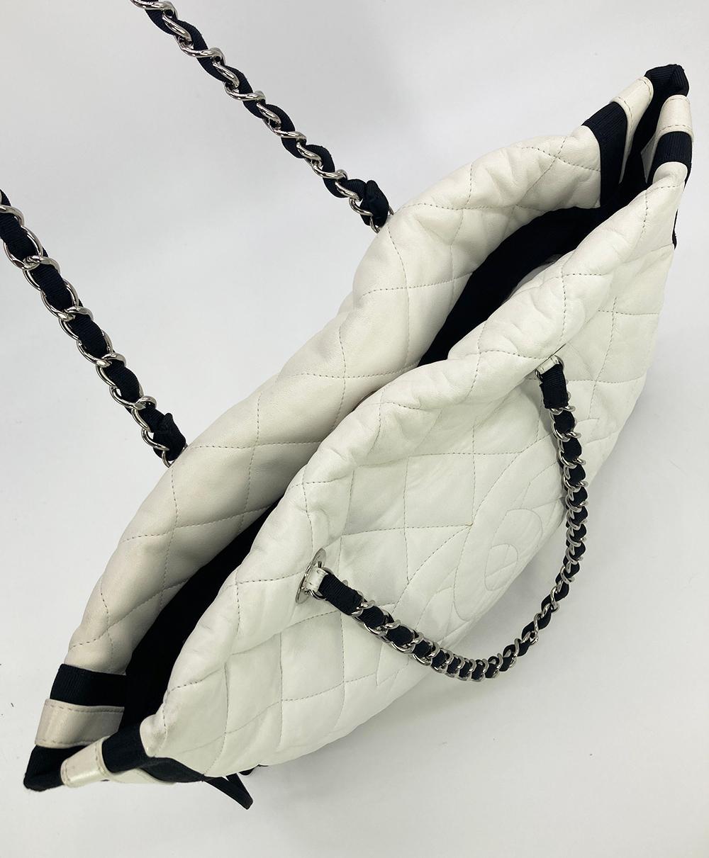 Chanel White Leather Black Grosgrain Quilted CC Shoulder Bag Tote 5