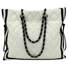 Chanel White Leather Black Grosgrain Quilted CC Shoulder Bag Tote