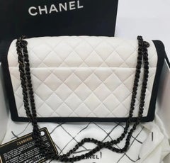 CHANEL White Leather Black Trimmed Bag