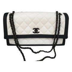 CHANEL White Leather Black Trimmed Bag