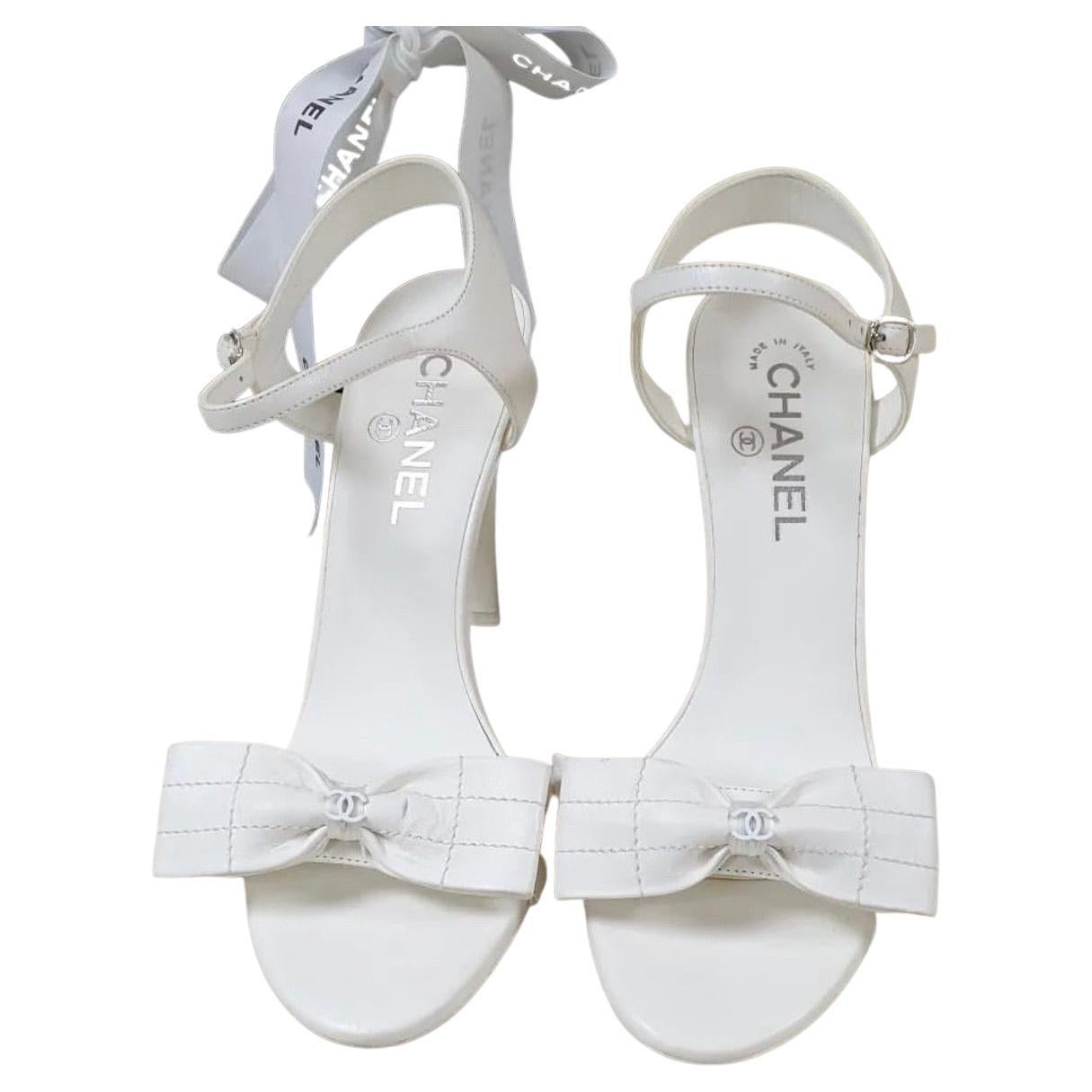 Chanel Chain Strap Sandals US 6.5 EU 37.5 White Silver Coco Mark Wedge  Women's