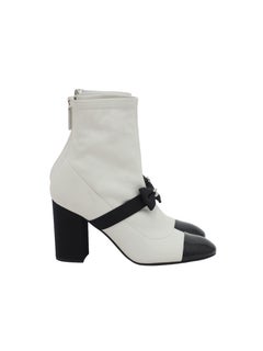 Chanel White Leather Boots With Patent Toe & Bow