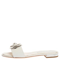 Chanel White Leather Camellia Embellished Flat Slides Size 39