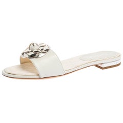Chanel White Leather Camellia Embellished Flat Slides Size 39