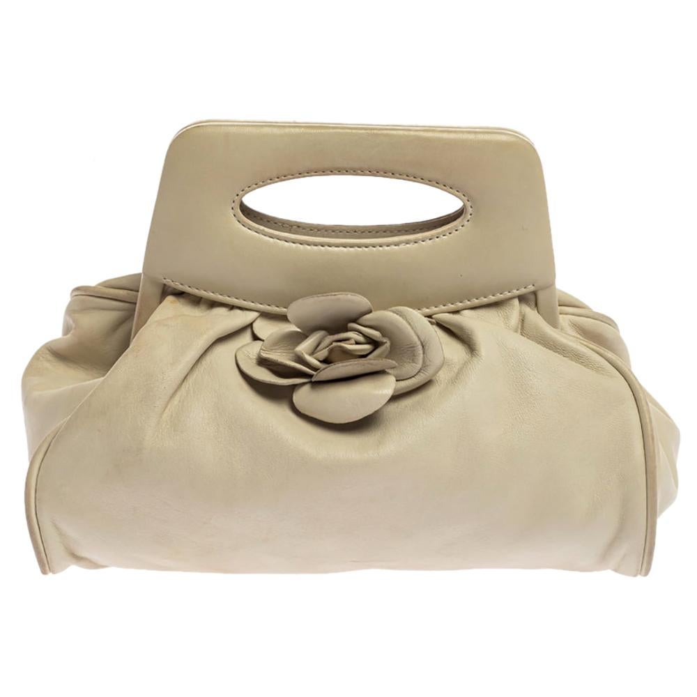 Chanel White Leather Camellia Frame Clutch