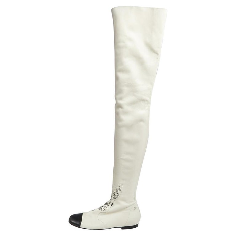 Chanel White Leather Cap Toe Thigh Over Knee High Boots Size 38 at 1stDibs