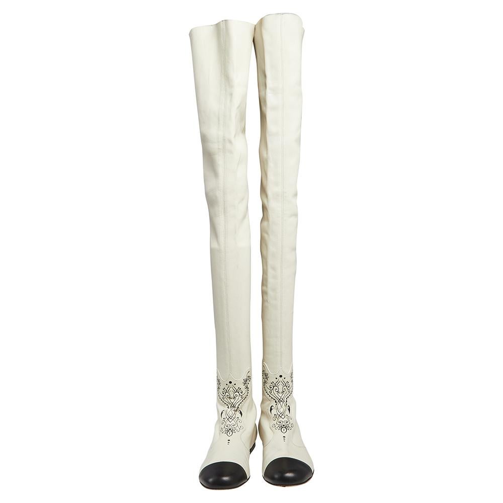 Chanel White Leather Cap Toe Thigh Over Knee High Boots Size 38 For Sale at  1stDibs