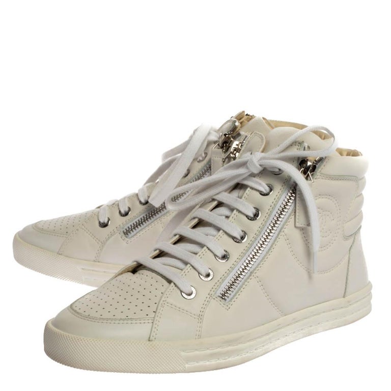 Chanel White Leather CC High Top Sneakers Size 36 at 1stDibs | chanel ...