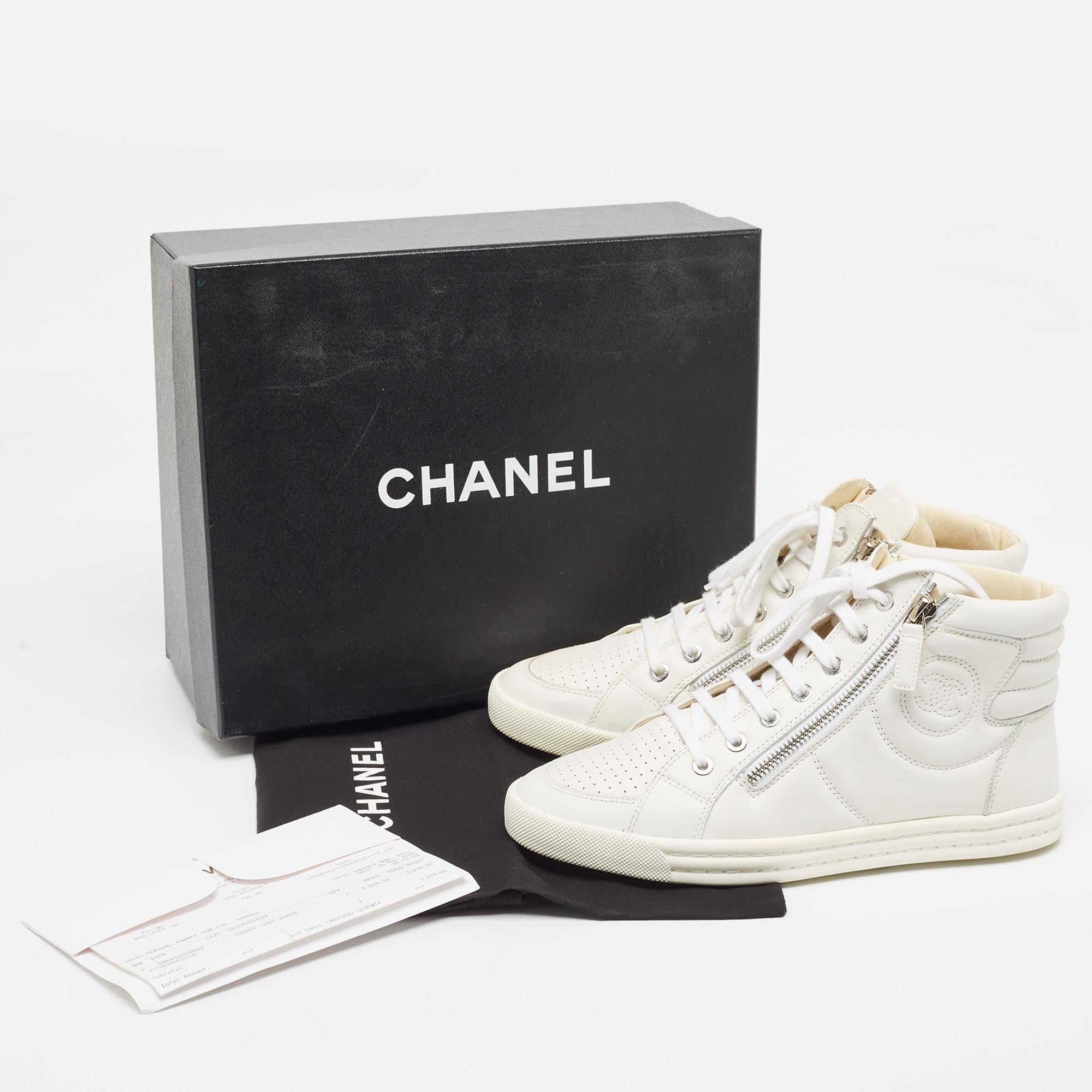Chanel White Leather CC High Top Sneakers Size 37.5 5