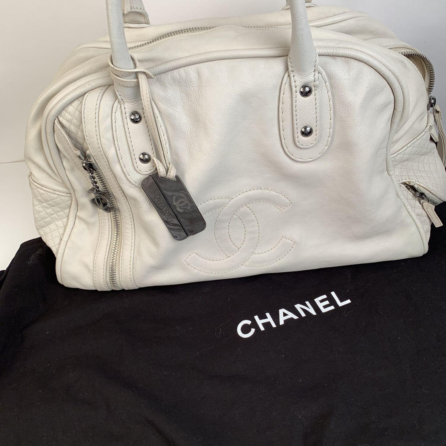 Chanel White Leather CC Logo Bowling Bowler Duffle Bag 6