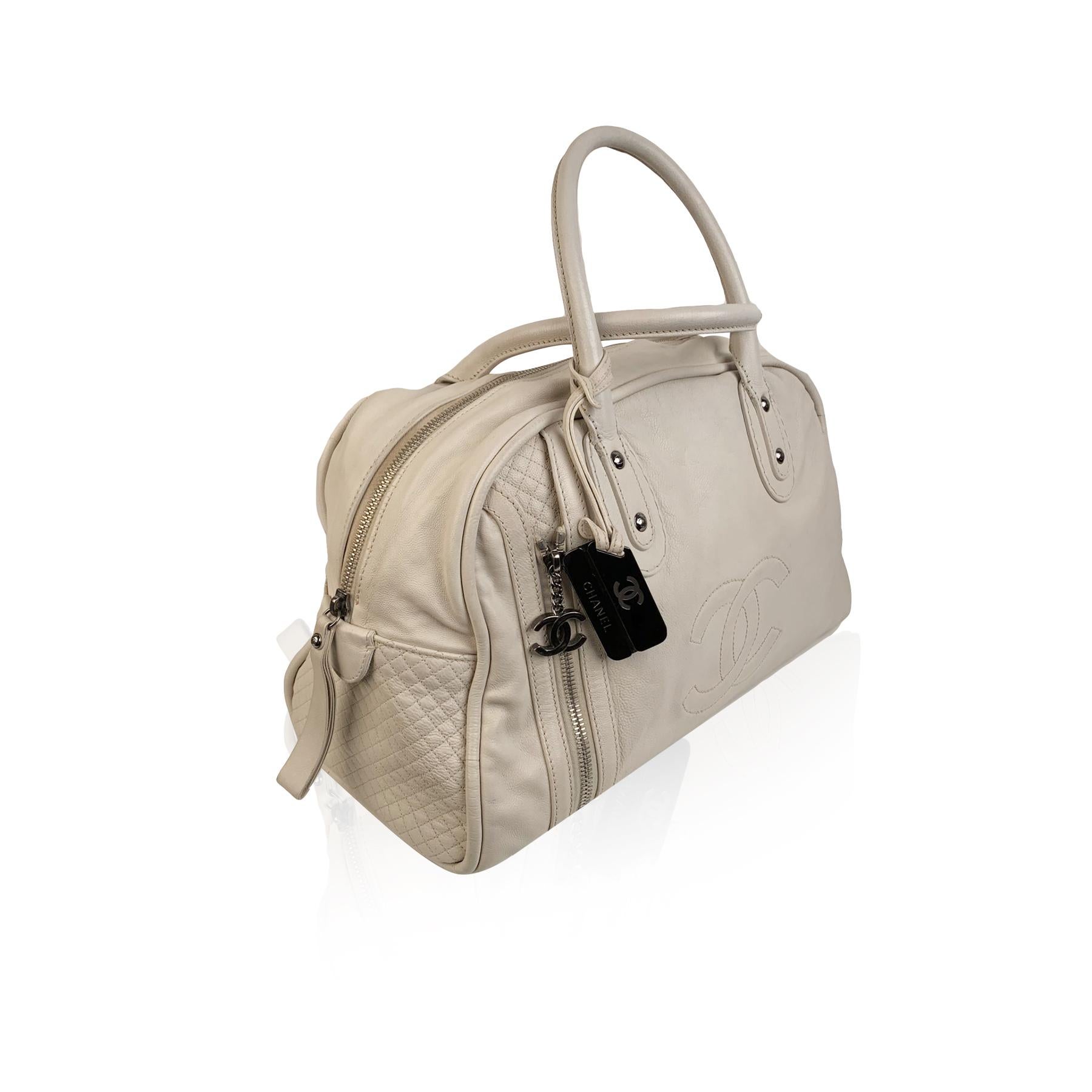 Women's Chanel White Leather CC Logo Bowling Bowler Duffle Bag