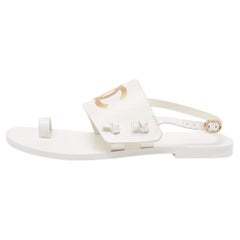 Chanel White Leather CC Toe Ring Slingback Sandals Size 38.5