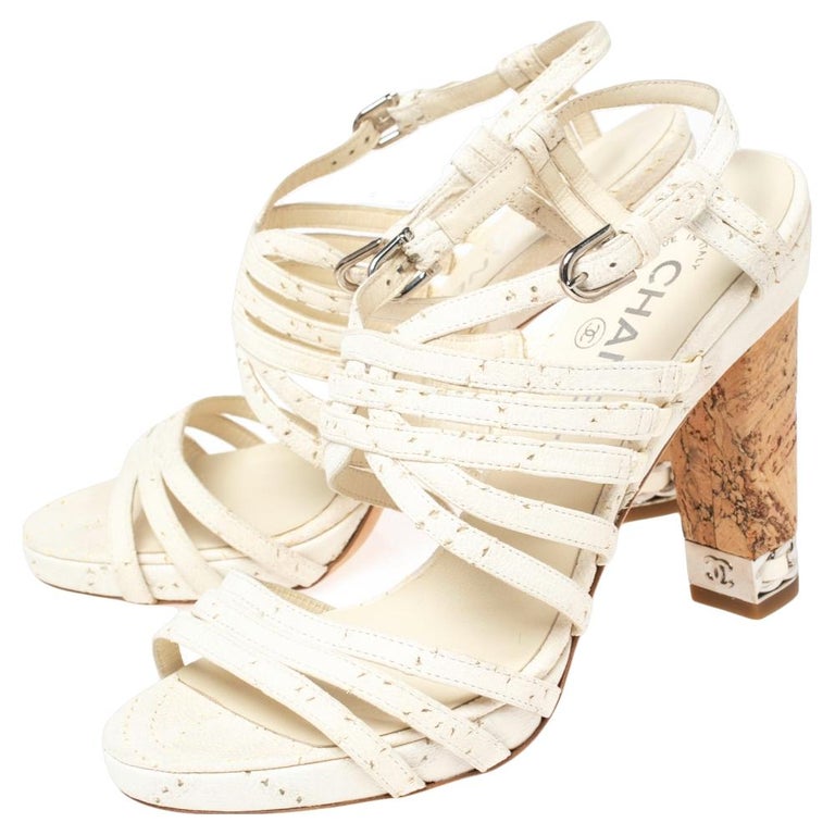 Chanel White Leather Chain Embellished Cork Heel Strappy Sandals Size 38 at  1stDibs | white chanel sandals