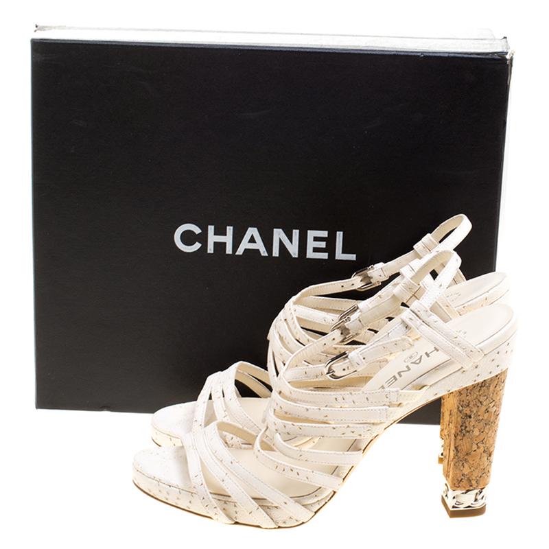 Chanel White Leather Chain Embellished Cork Heel Strappy Sandals Size 41.5 4