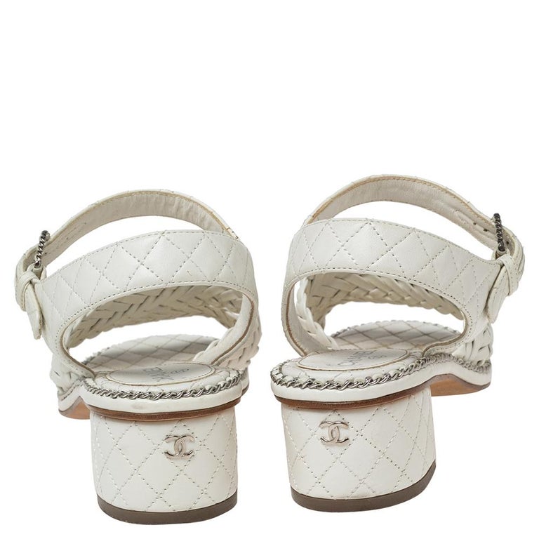 Chanel White Leather Chain Embellished Strappy Sandals Size 37.5 at ...