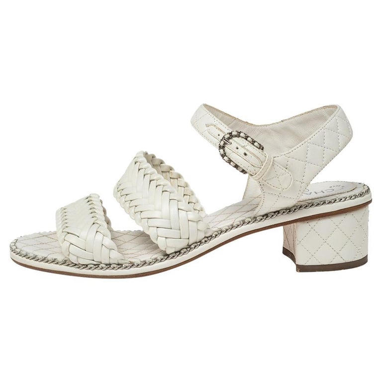 Chanel White Leather Chain Embellished Strappy Sandals Size 37.5 at ...