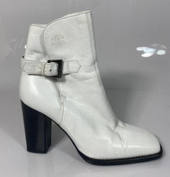 Chanel White Leather Chunky Wood Stack Heel Short Boot -Size 36.5