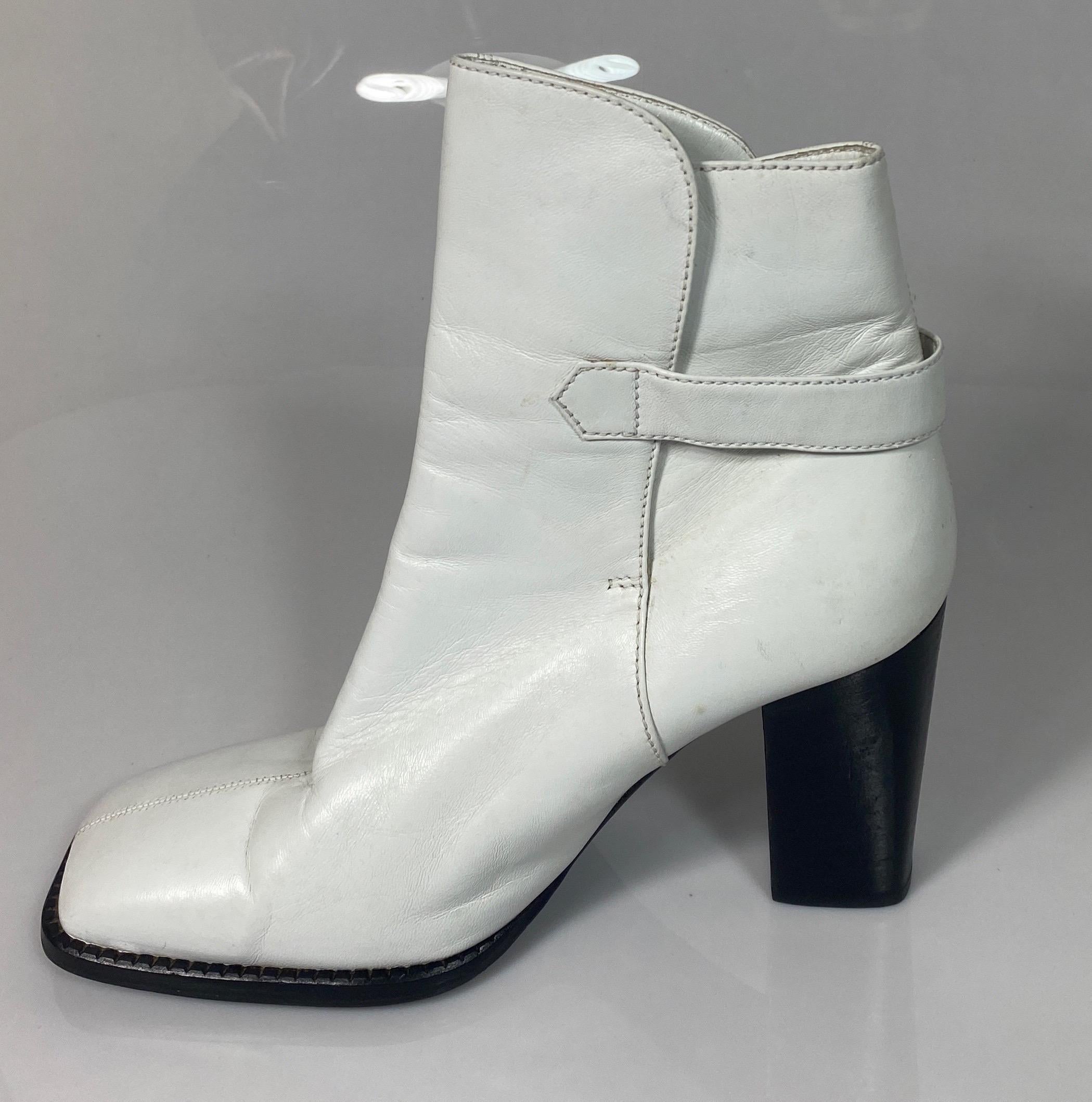 Women's Chanel White Leather Chunky Wood Stack Heel Short Boot -Size 36.5 For Sale