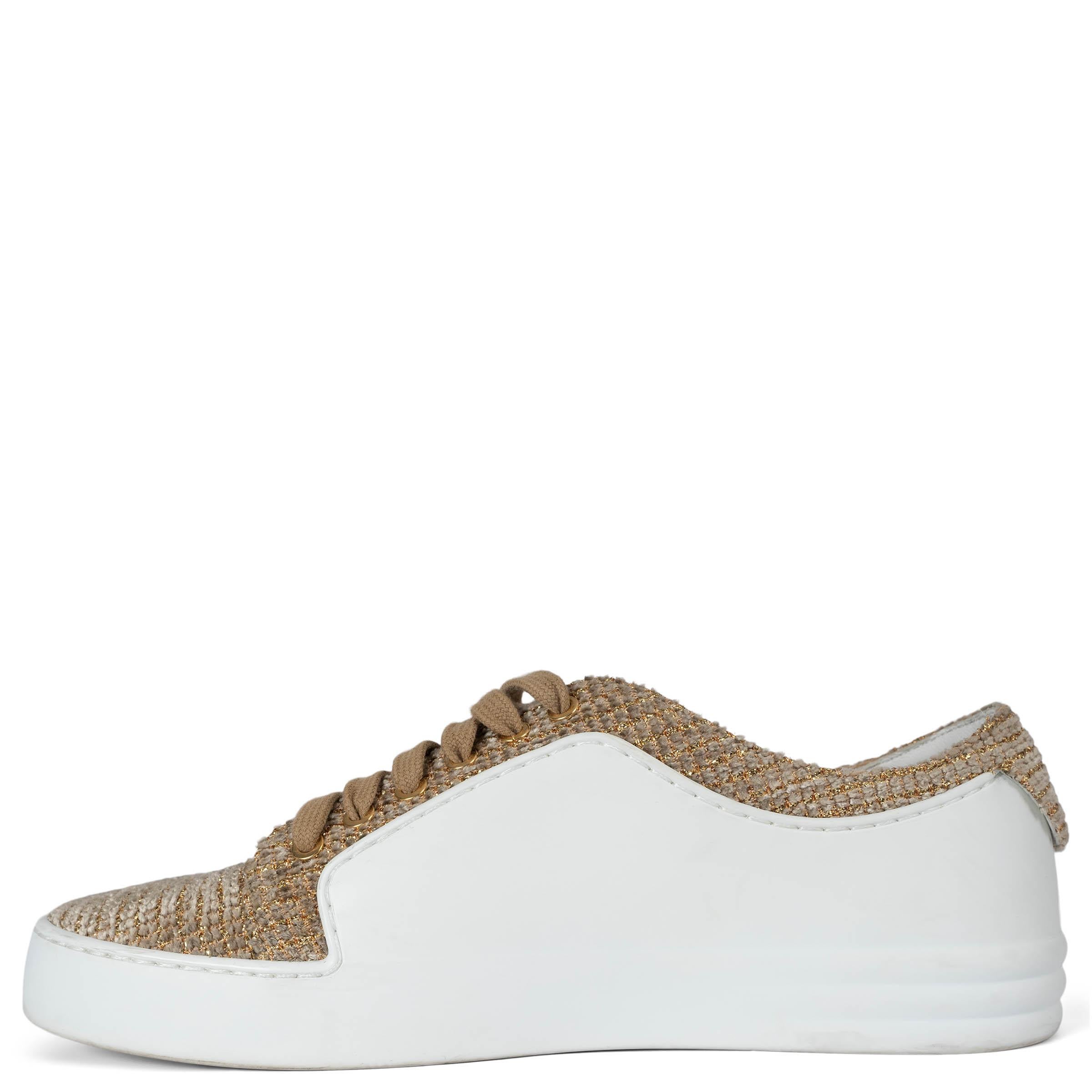 Gray CHANEL white leather & gold 17A COSMOPOLITE TWEED LOW-TOP Sneakers Shoes 36.5 For Sale