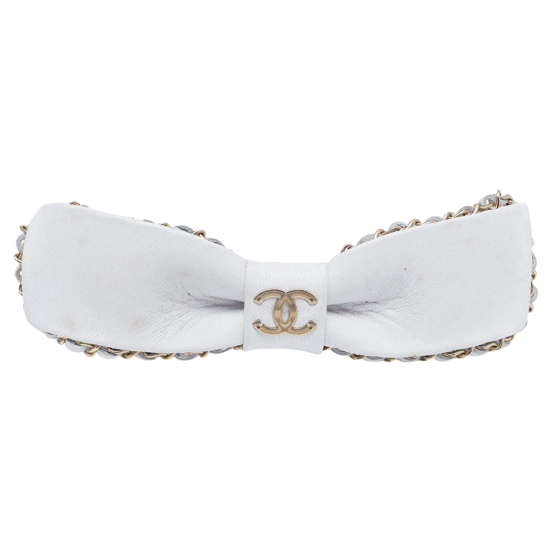 Chanel White Leather & Gold Tone Chain Detail Hair Clip