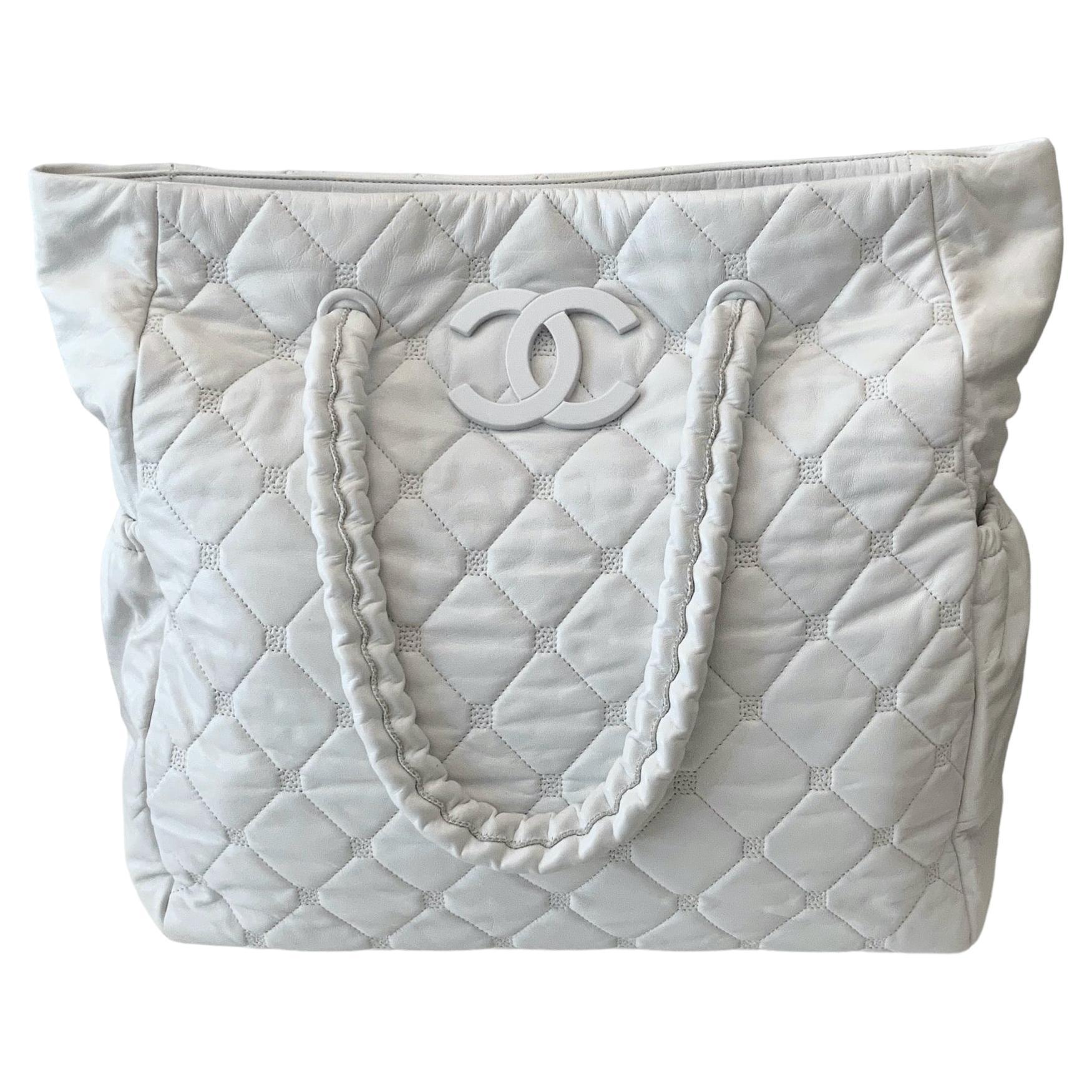 Chanel White Leather Hidden Chain Tote Bag